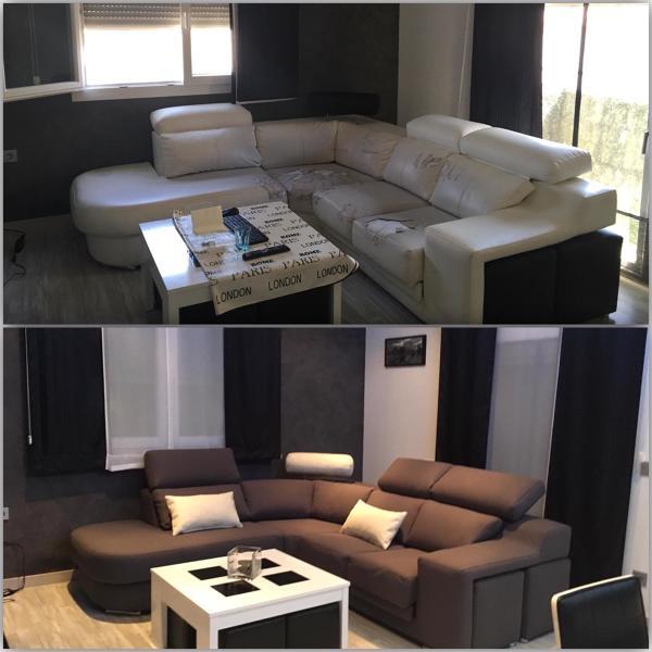 Antes y después de sofá tapizado en Castellón - Tapicería Fortaleza